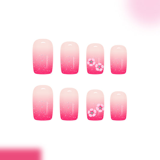 Blossom Dream Medium Square Pink Ombre with Flower Accents Press On Nail Set