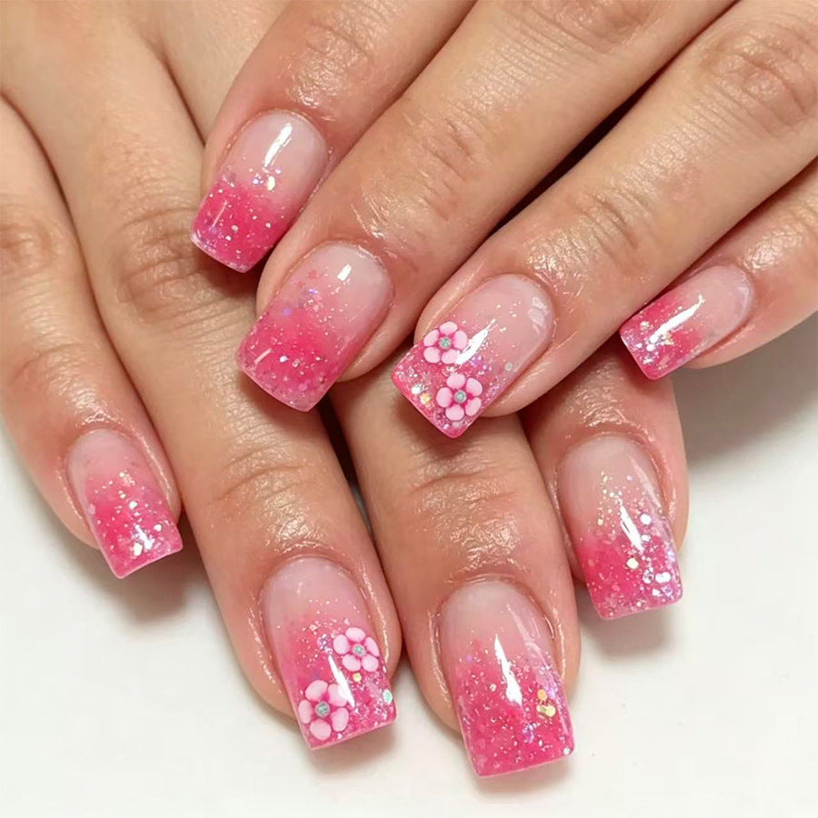 Blossom Dream Medium Square Pink with Sparkling Floral Design Press on Nail Set