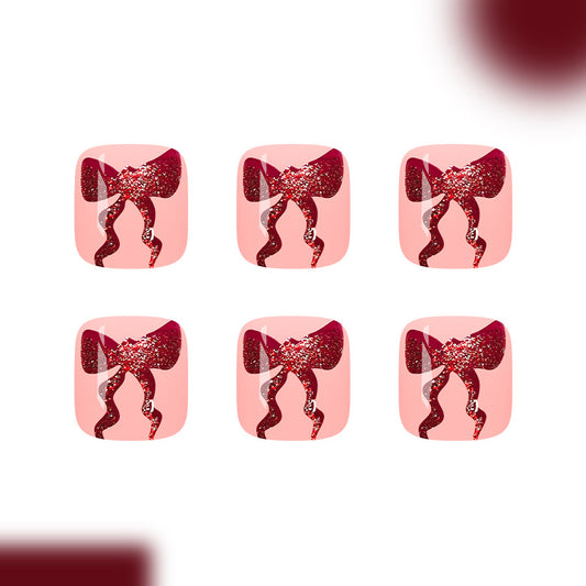 Chic Holiday Glam Short Square Pink with Glittery Ribbon Design Press On Toenail Set