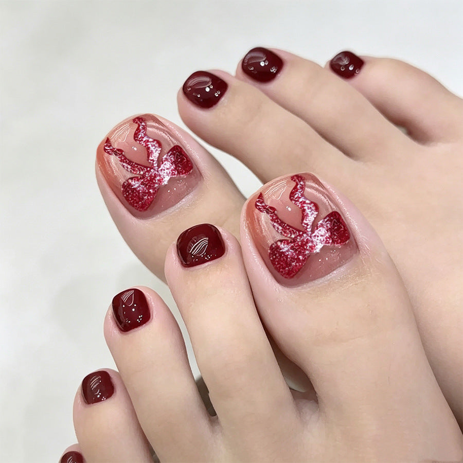 Glamorous Red Short Square Press on Toenail Set with Sparkling Glitter Design