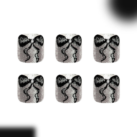 Elegant Silver Sparkle Short Square Press-On Toenail Set with Unique Bow Design