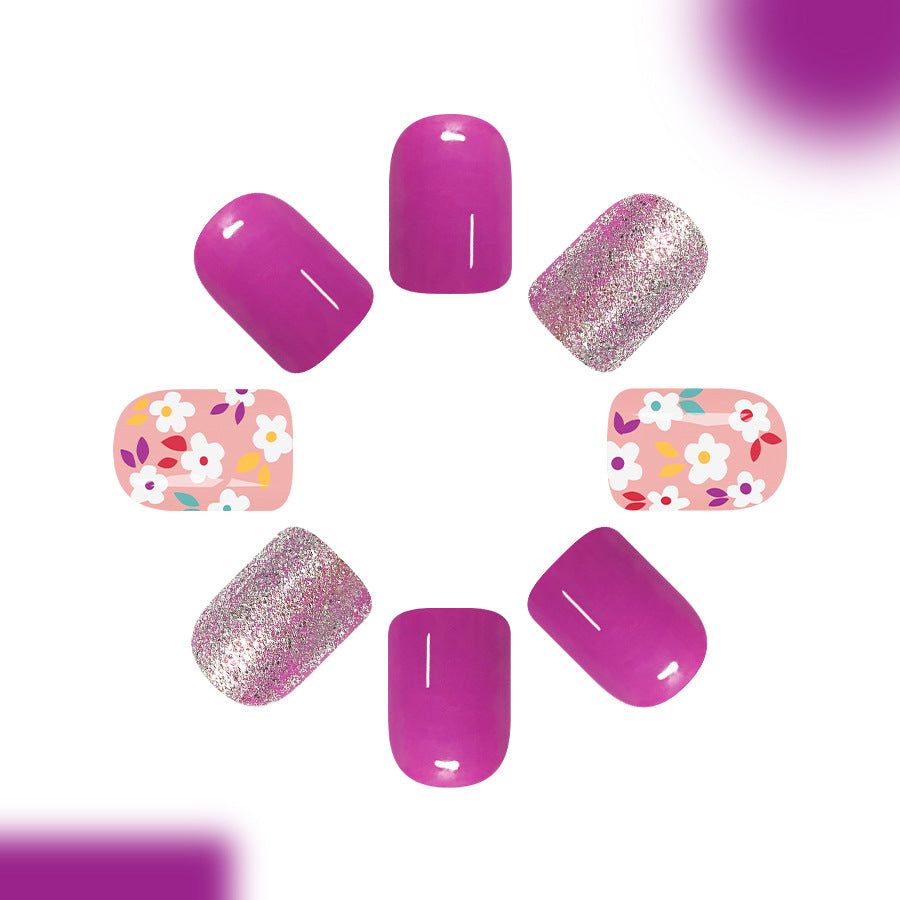 Floral Fantasy Short Square Bright Purple with Glitter Accents Nail Set