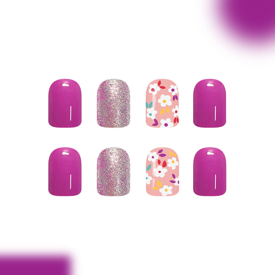 Blossom Dream Short Square Purple Floral Press On Nail Set with Glitter Accent
