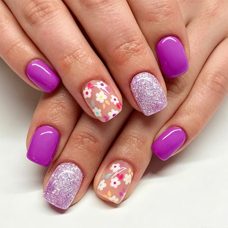 Floral Fantasy Short Square Purple Glitter Press On Nail Set