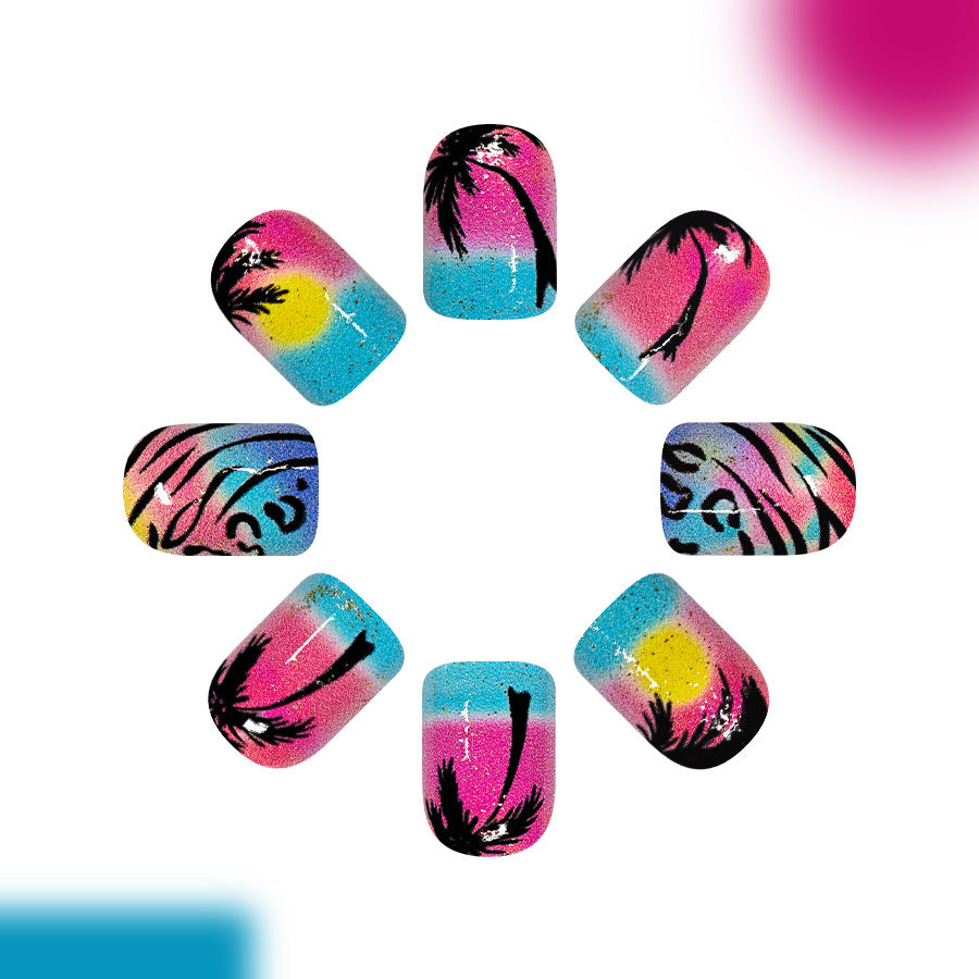 Tropical Sunset Short Square Shellac Press-On Nail Set with Sparkling Palm Tree Designs