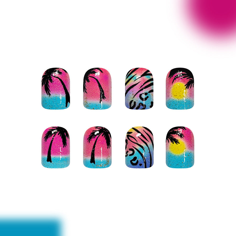 Tropical Sunset Short Square Pink Ombre Beach-Themed Nail Set