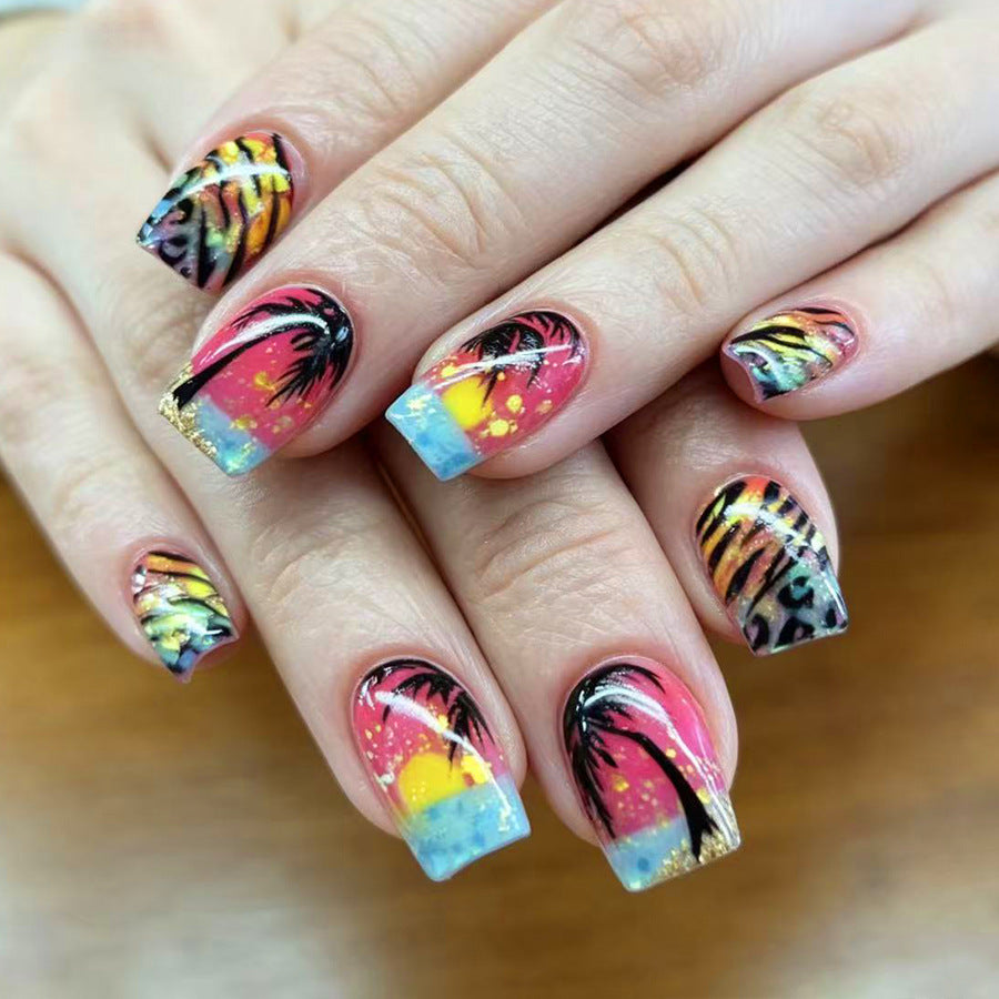 Tropical Paradise Short Square Sunset Nail Press Set with Vibrant Hand-Painted Designs