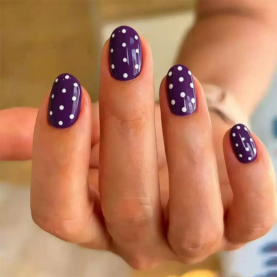 Whimsical Dotty Design Short Oval Purple Press On Nail Set with Glossy Finish