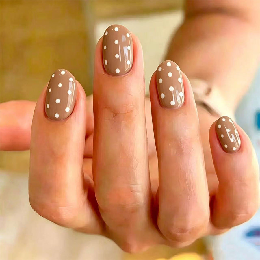 Chic Polka Dot Short Oval Brown Press On Nail Set with Glossy Finish