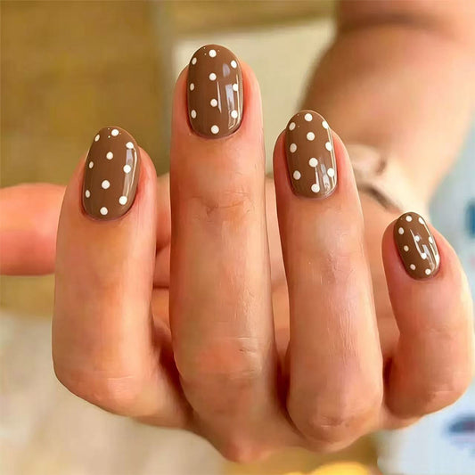 Vintage Charm Medium Oval Brown with White Polka Dots Press On Nails Set
