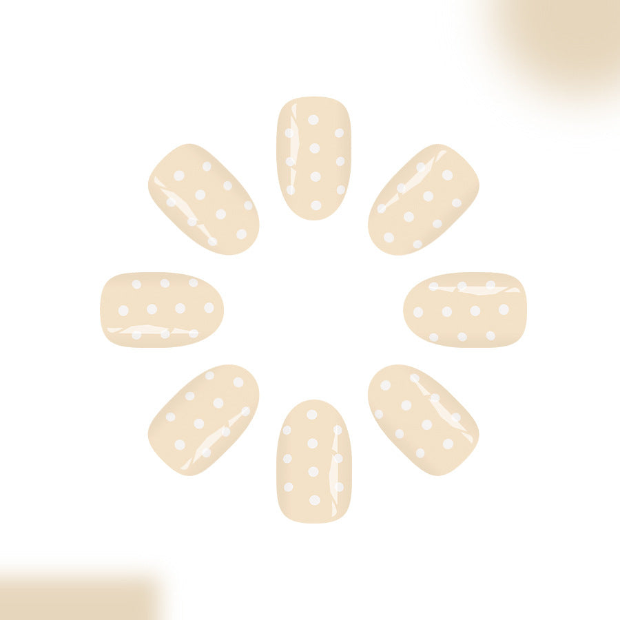 Cheerful Dots Medium Oval Beige with White Polka Dots Press On Nail Set