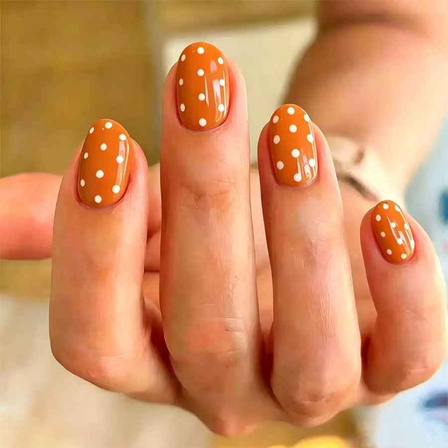 Autumn Chic Short Oval Orange with White Dots Press On Nail Set