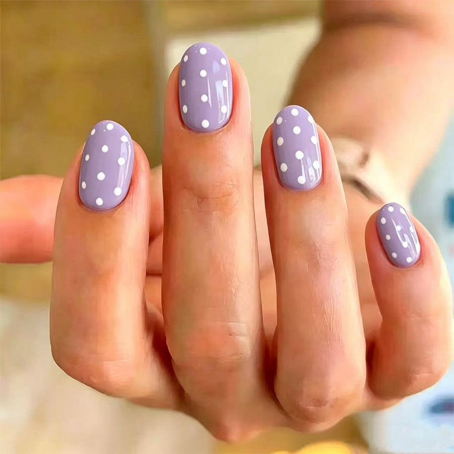 Charming Pastel Short Round Lavender Nails with Whimsical Polka Dots