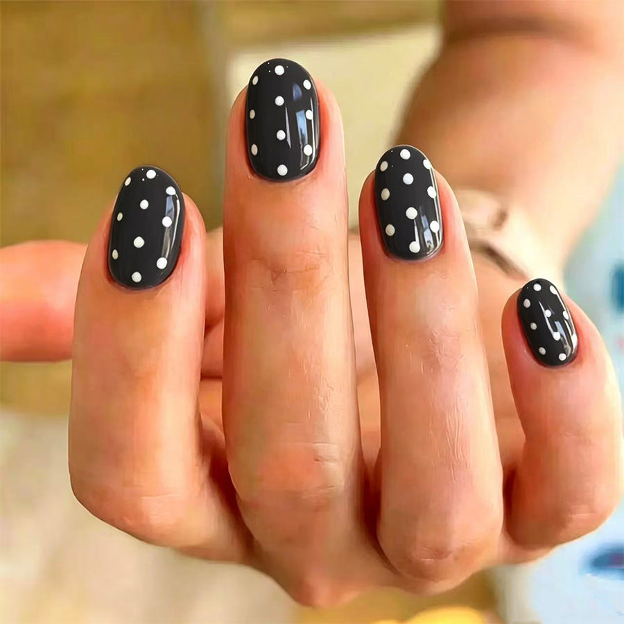 Elegant Night Sky Short Oval Black with Polka Dots Press On Nail Set
