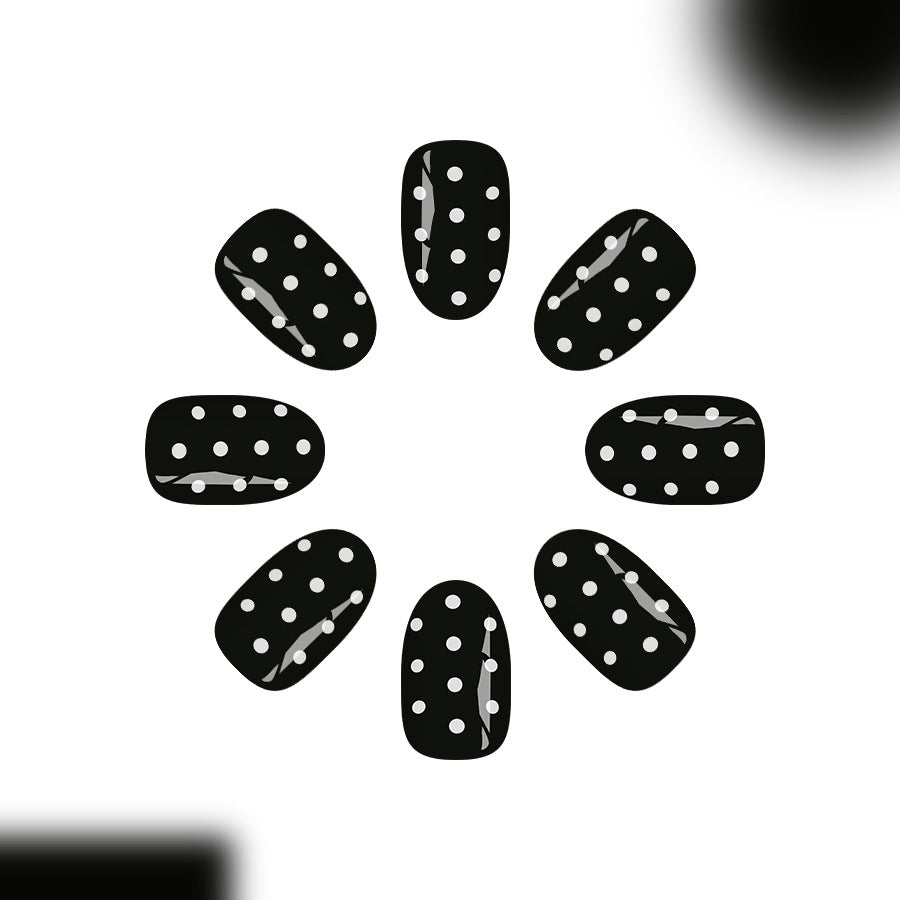 Dazzling Polka Dot Short Oval Black Press On Nail Set with Glossy Finish