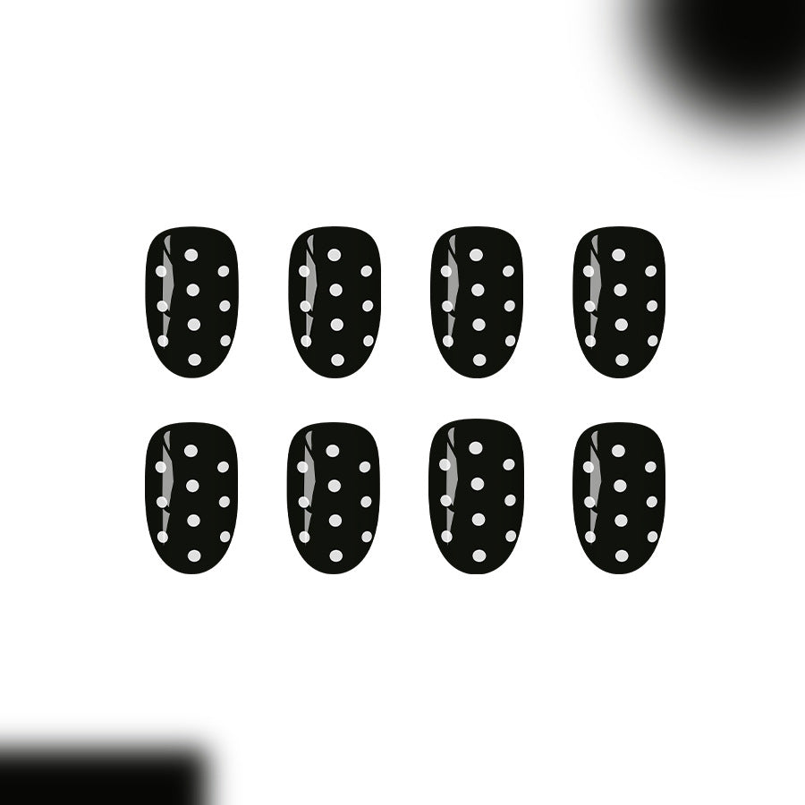 Chic Dotted Short Oval Black Nail Set with Glossy Finish