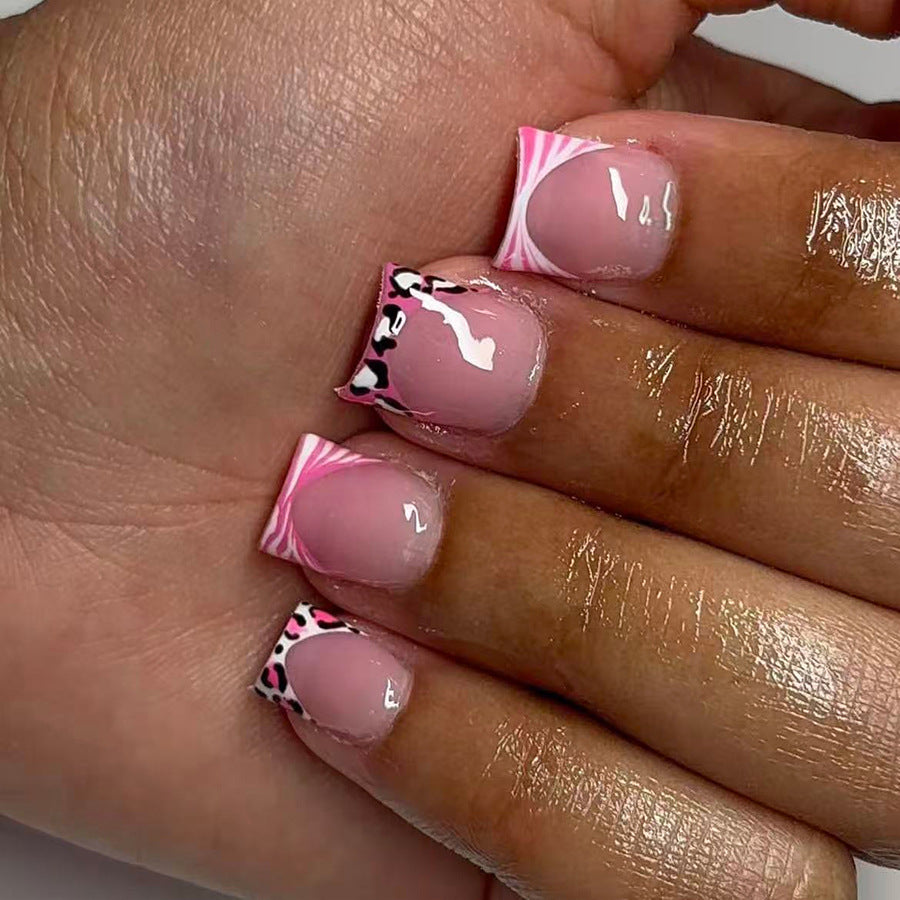 Wild Safari Chic Short Square Pink with Fun Animal Print Tips Press On Nail Set