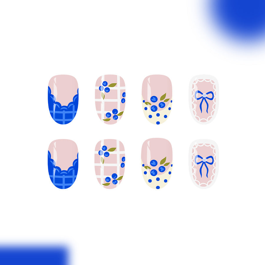 Whimsical Blueberry Delight Medium Round Blue Floral Design Press On Nail Set