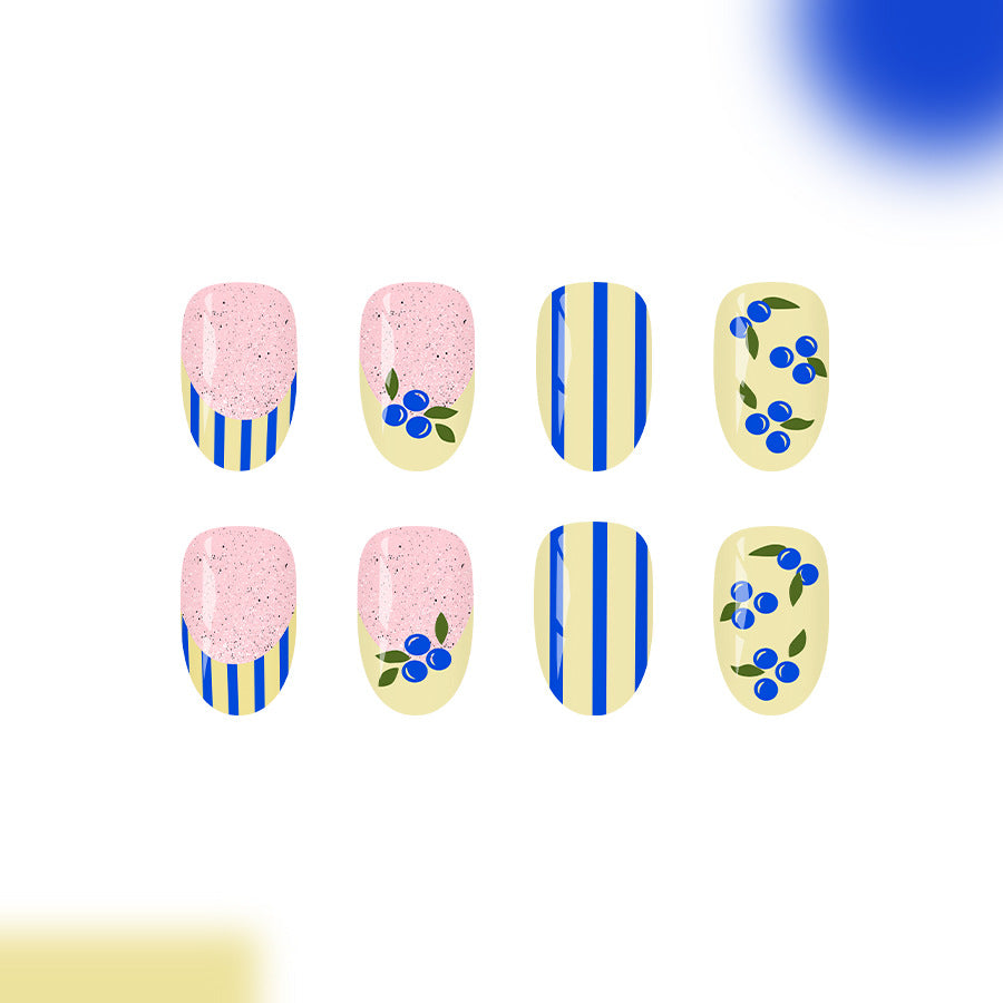 Berry Bliss Short Round Blueberry Floral Press On Nail Set