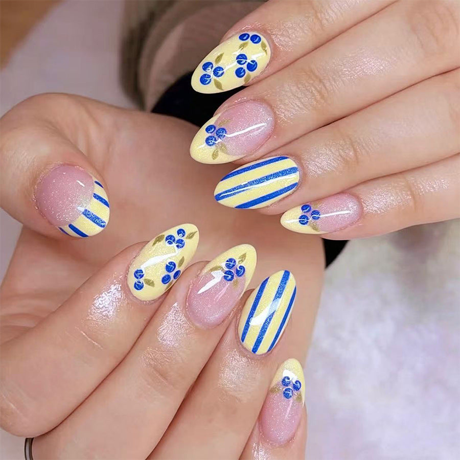 Blossom Fantasy Medium Almond Yellow with Blue Floral Accents Press-On Nail Set