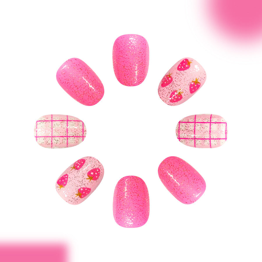Sweet Strawberry Delight Short Round Pink Glitter Press On Nail Set with Unique Pattern Design