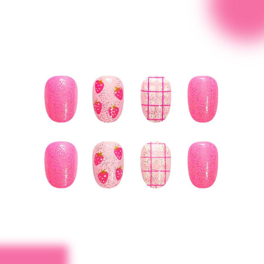 Strawberry Dream Short Round Pink Glitter Press On Nails with Fun Fruit Designs