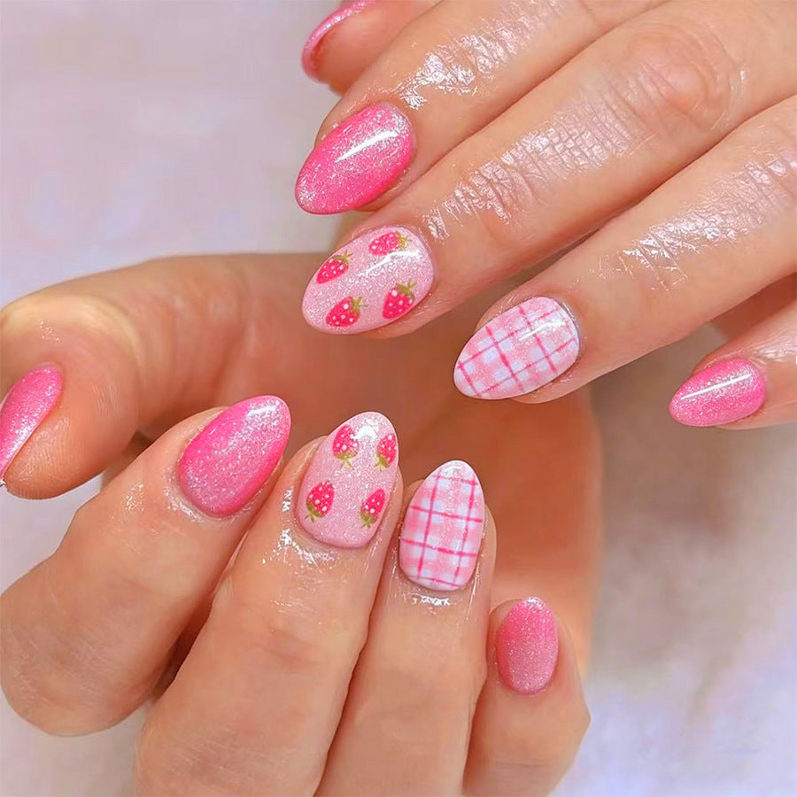 Cherry Blossom Inspiration Short Oval Pink Glitter and Strawberry Design Press On Nail Set