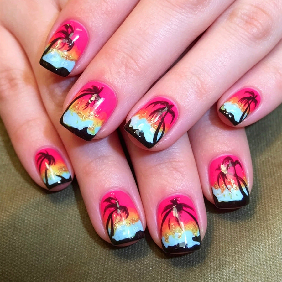 Tropical Sunset Short Square Pink Press on Nail Set with Palm Tree Art