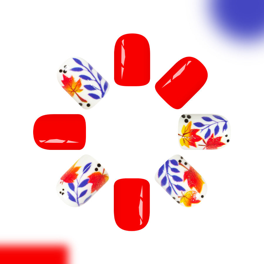 Autumn Wonderland Short Square Red Nails with Unique Leaf Design