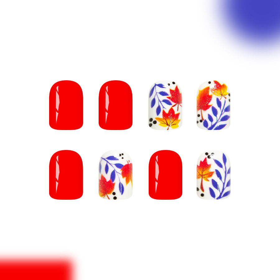 Autumn Bliss Short Square Red with Vibrant Floral Accents Press-On Nail Set