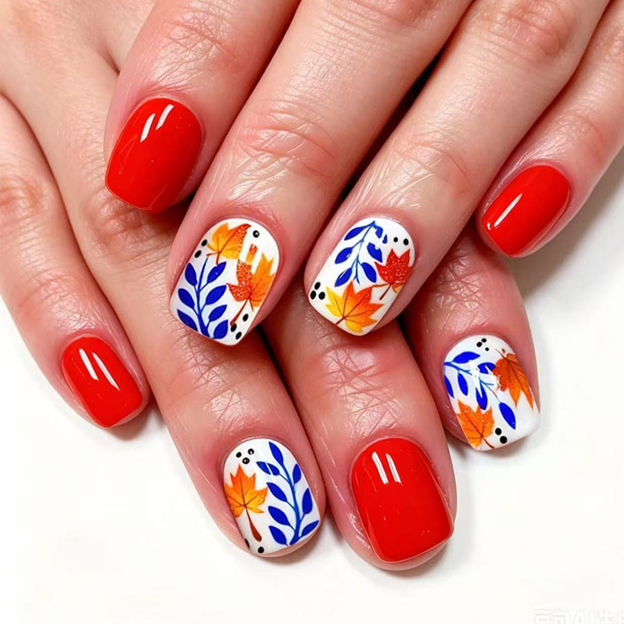 Autumn Vibes Short Square Red with Leaf Design Press On Nail Set