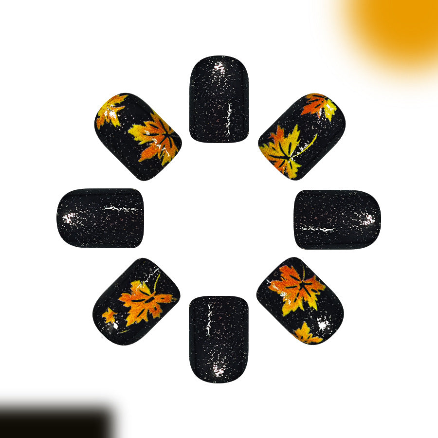 Autumn Bliss Short Square Black with Golden Leaf Accents Press-On Nail Set