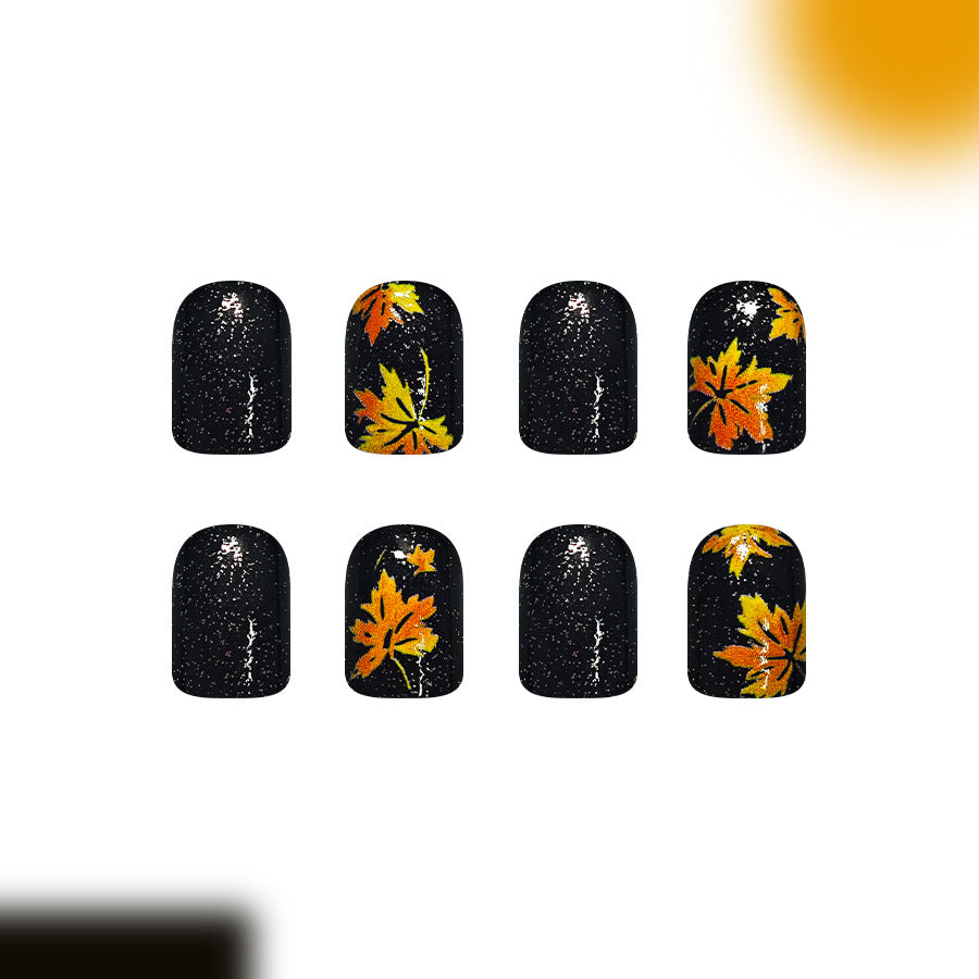Autumn Elegance Short Square Black with Golden Leaf Design Press on Nail Set