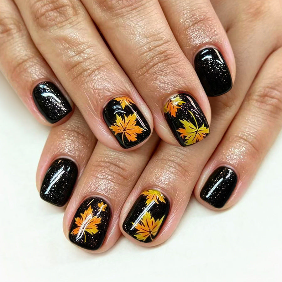 Autumn Elegance Short Square Black with Vibrant Maple Leaf Design Press On Nail Set