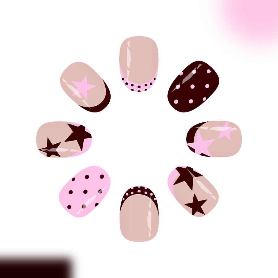 Whimsical Starry Nights Medium Round Pink and Brown Patterned Nail Set