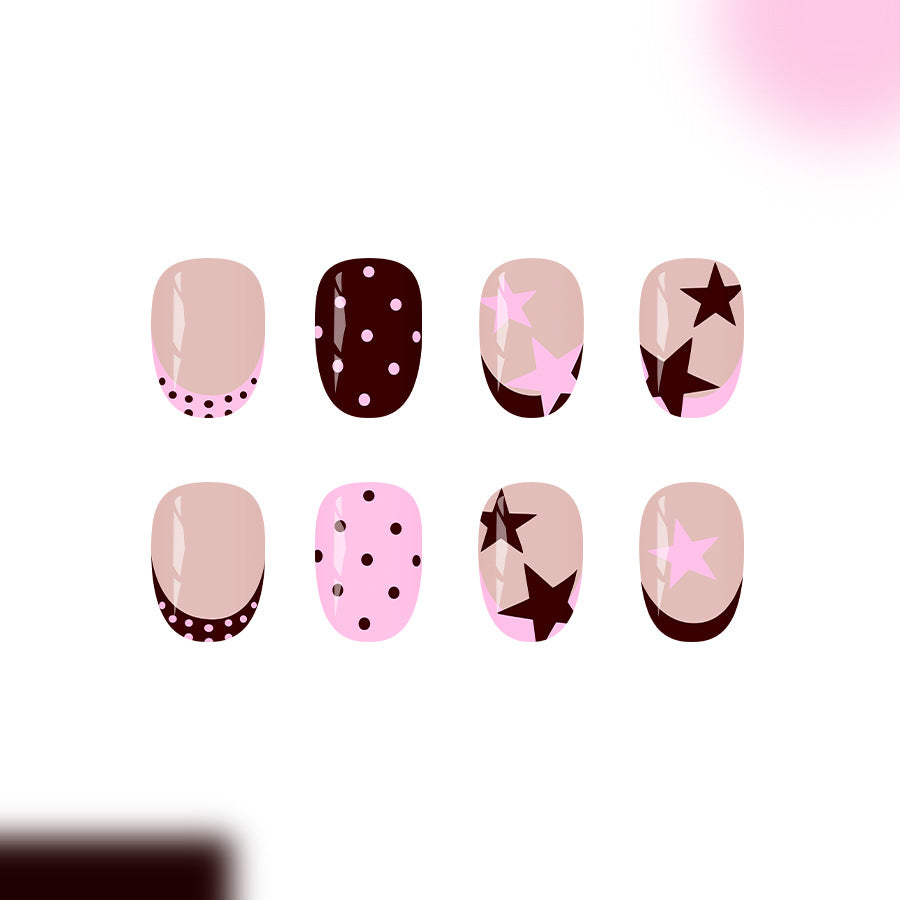 Chic Starry Night Short Almond Pink and Brown Polka Dot Press on Nail Set