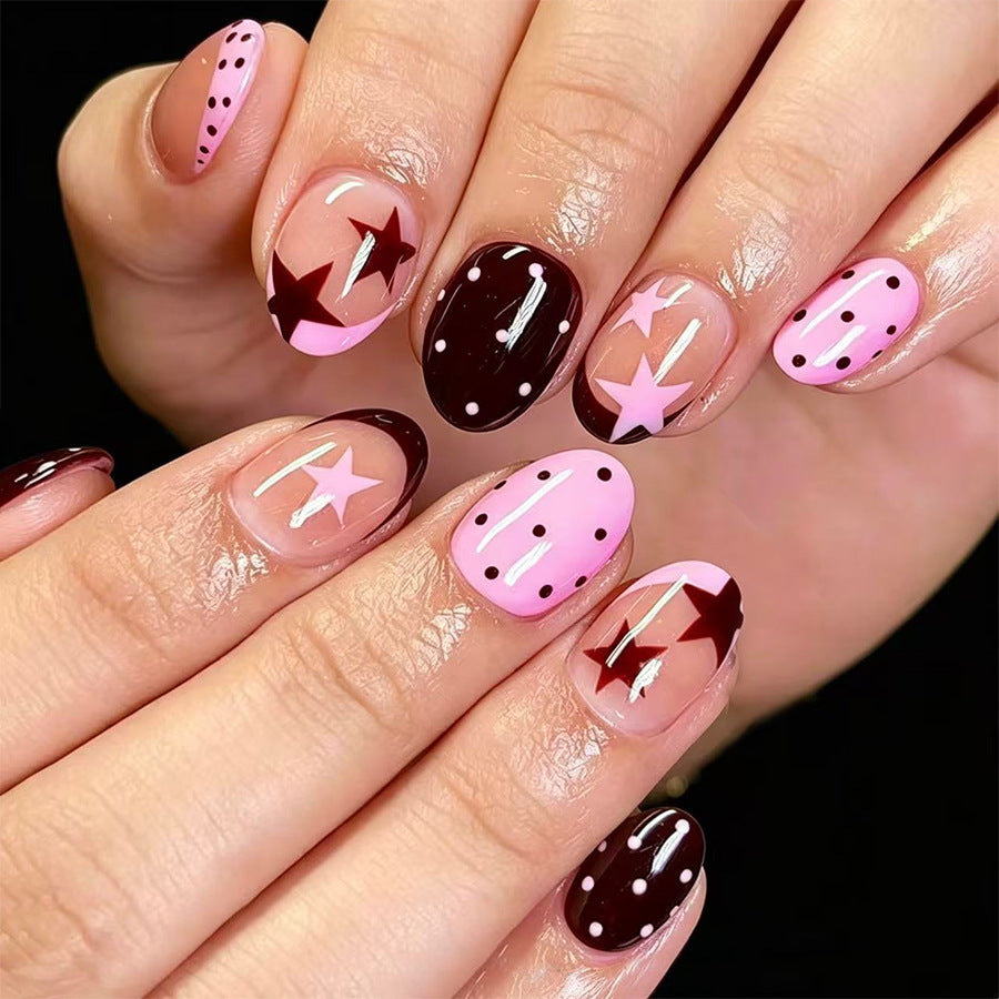 Cosmic Chic Short Oval Pink and Brown Star Print Press-On Nail Set