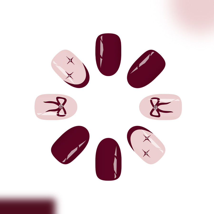 Elegant Evening Short Oval Deep Burgundy with Sparkling Bow Detail Press On Nail Set