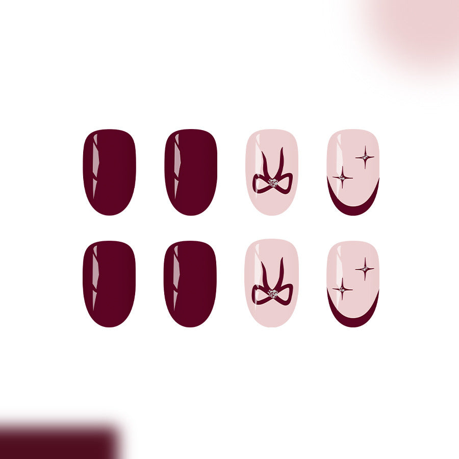 Glamorous Burgundy Short Oval with Sparkling Accent Design Press-On Nail Set
