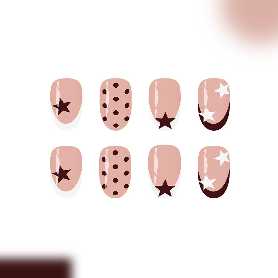Starry Night Medium Round Beige Press On Nail Set with Whimsical Patterns