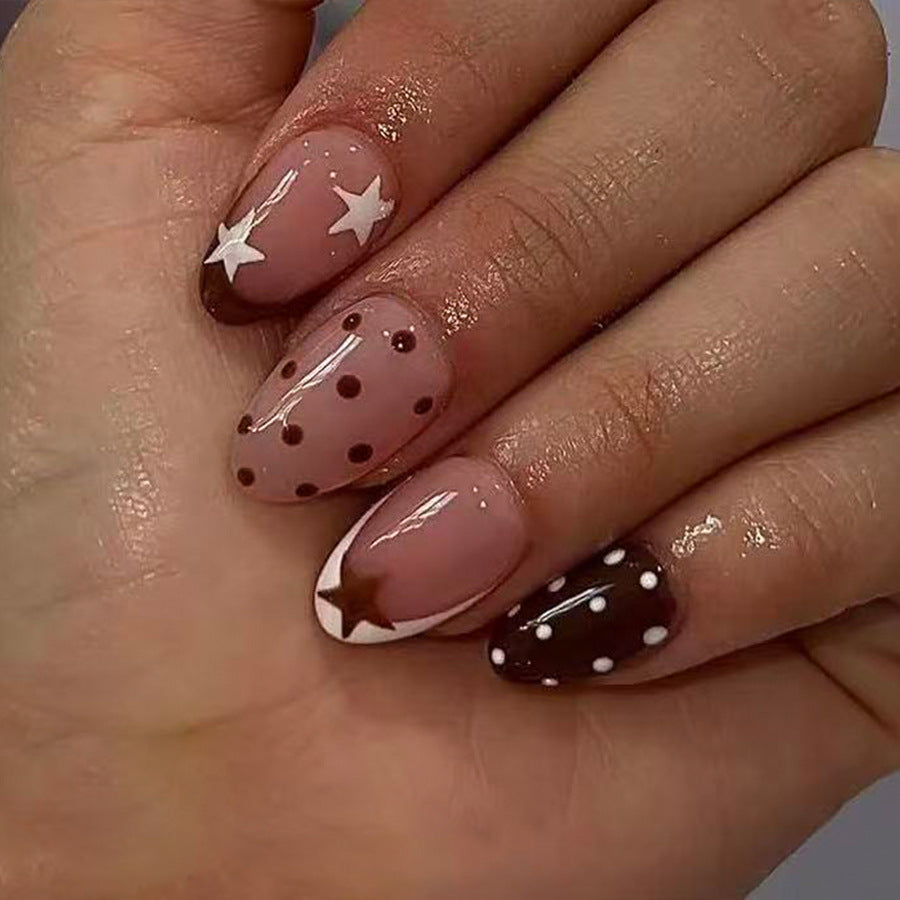 Chocolate Delight Medium Almond Press on Nail Set with Fun Star and Polka Dot Accents