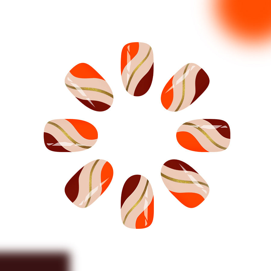 Autumn Vibes Medium Oval Orange and Burgundy Waves Press On Nail Set