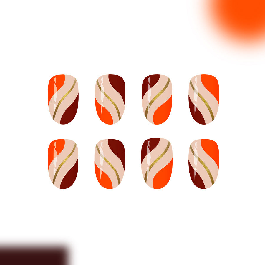 Autumn Vibes Medium Oval Orange Gradient Nail Set with Gold Accent