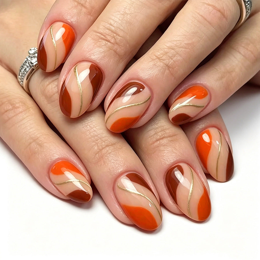 Autumn Vibes Medium Almond Orange Marbled Press On Nail Set with Elegant Gold Accents