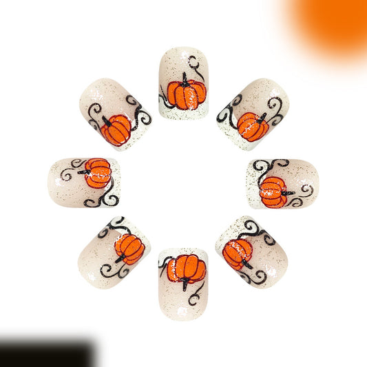 Autumn Vibes Short Square Beige Nails with Pumpkin Design