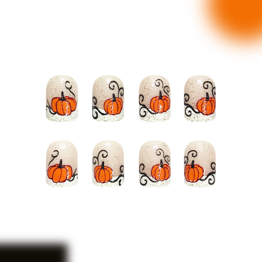 Autumn Delight Short Square Orange Pumpkin Design Press On Nail Set