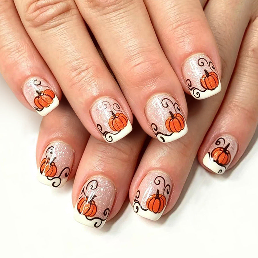 Autumn Delight Short Square Glittery Pumpkin Press On Nail Set