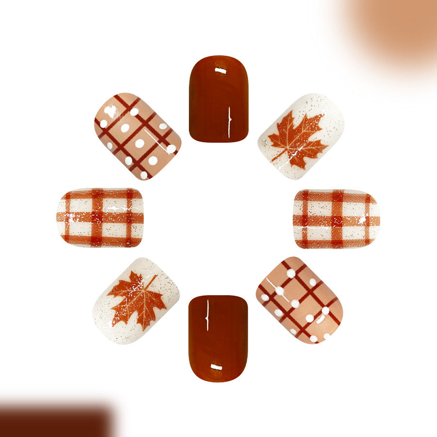 Autumn Inspired Short Square Rust Orange Plaid and Leaf Press on Nail Set