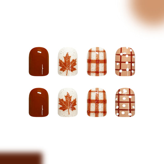 Autumn Vibes Medium Square Rust Orange With Maple Leaf Accents Press On Nail Set