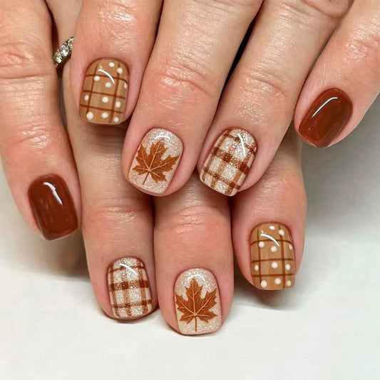 Autumn Vibes Short Square Brown Nails with Leaf and Plaid Design